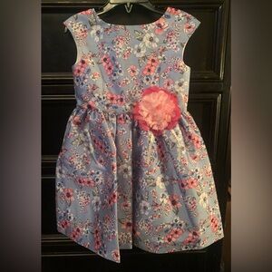 Pastourelle Blue Floral Dress with Pink Flower Accent
